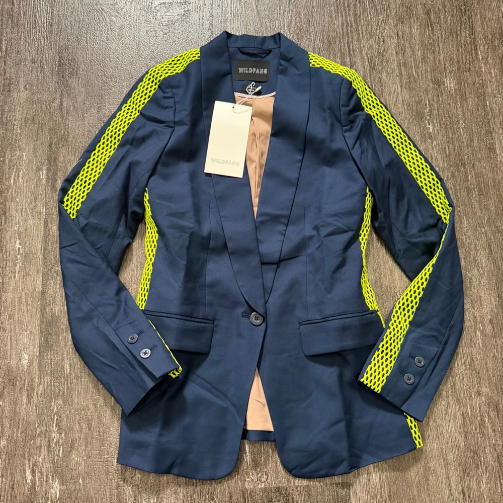 WILDFANG Navy Blue Neon Yellow Mesh Panel Blazer Jacket Women's XS